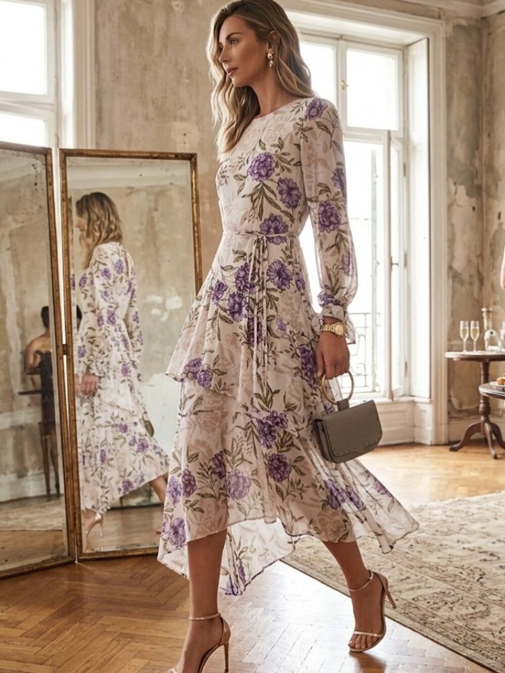 ASTR the Label Women's Boho Romantic Semi-Sheer Mona Dress In Cream Lilac Floral